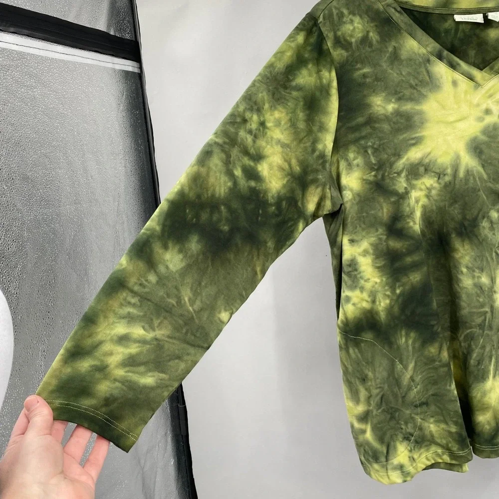 LOGO Lounge Top Women 2X Green Tie Dye V-Neck Long Sleeve Pockets Lori Goldstein
